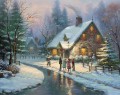 Original Art Snow Winter Style of Thomas Kinkade Oil Painting Landscape Hometown Christmas